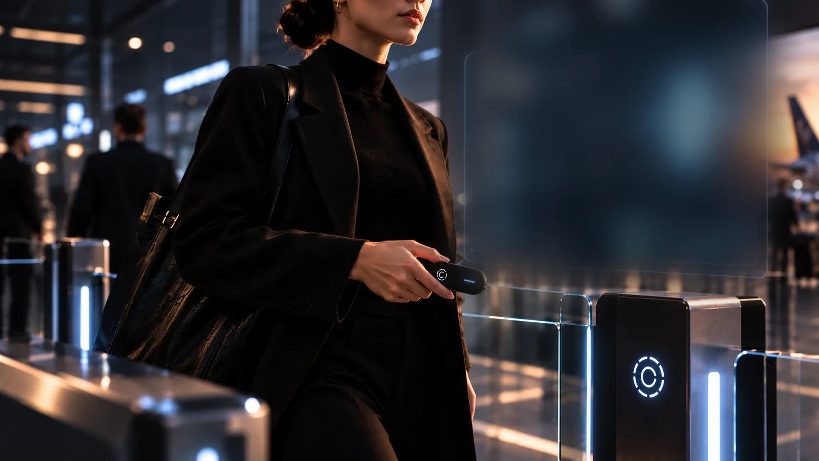 A traveller holding ORVIS walks through an airport gate that recognises her