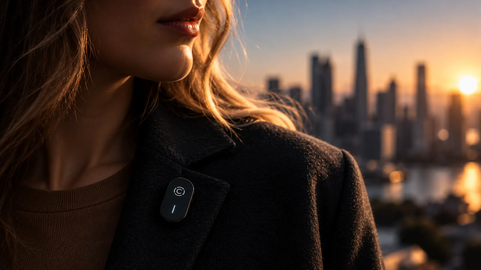 ORVIS worn on the lapel of a coat at golden hour
