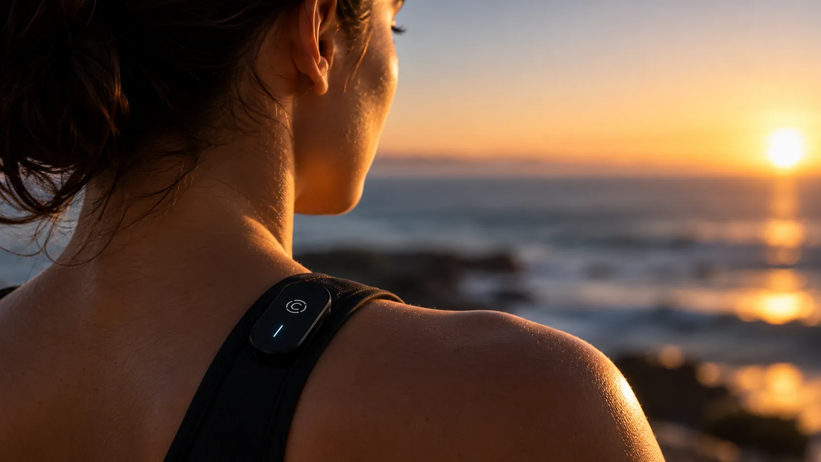 ORVIS clipped to a shoulder strap, facing the ocean at sunset